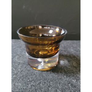 Krosno Poland Amber Brown Glass Candle Holders, Bubble in Clear Base